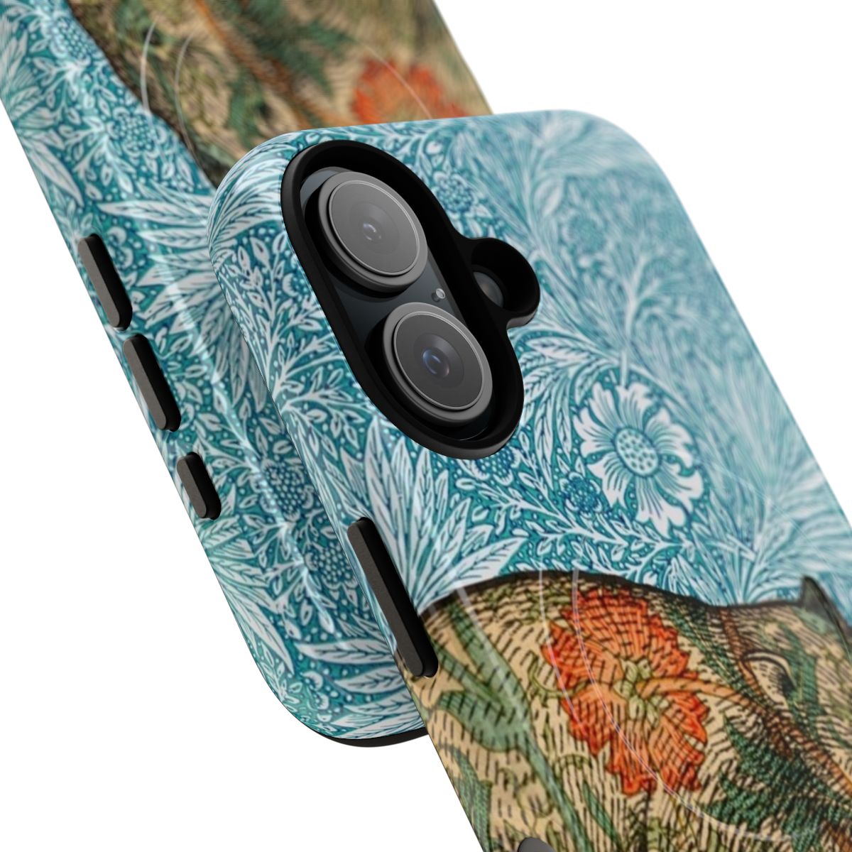 A blue and marigold magnetic tough phone case featuring a whimsical wombat illustration in the style of the Pre-Raphaelite artists. - Detail