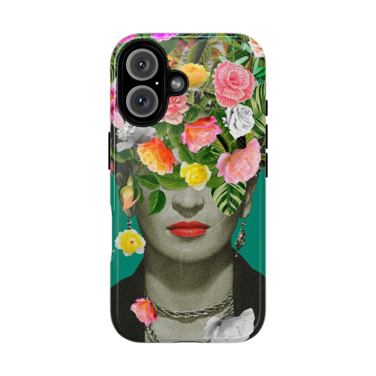 Colorful floral magnetic tough phone case featuring a collage-style design inspired by Frida Kahlo's artwork.