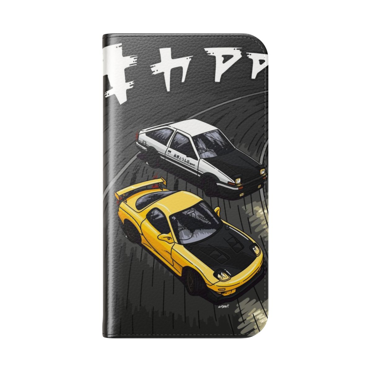 Stylized Initial D inspired artwork featuring an RX7 and AE86 on a phone case. - Folded Back