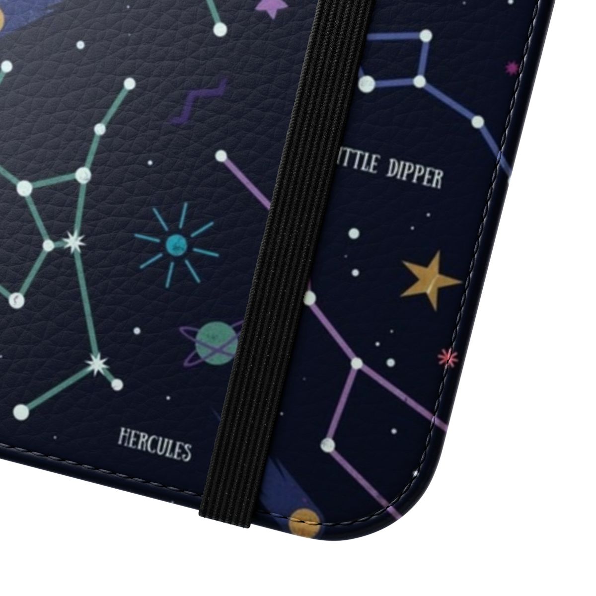 A phone case featuring a starry night sky, planets, and constellations - Close Up