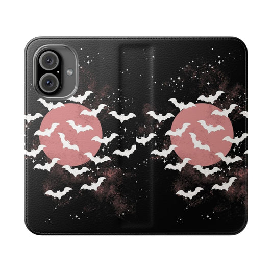 Flip cover phone case with a gothic bat design against a night sky