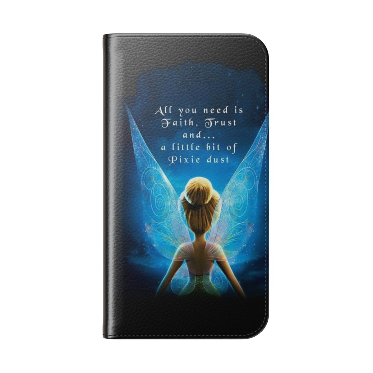 Tinkerbell-themed flip phone case featuring a faith-inspired quote - Folded Back