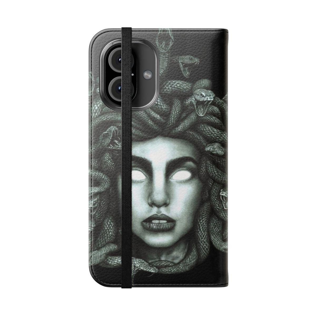 A flip cover phone case featuring the image of Medusa, the gorgon from Greek mythology. - Folded Front