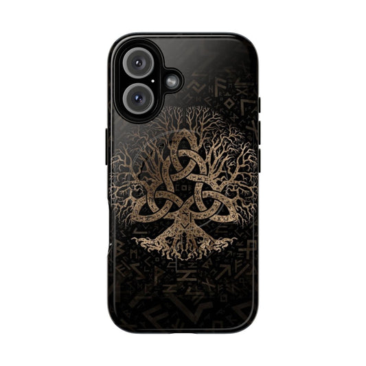 A durable magnetic phone case featuring a design with the tree of life, triquetra, and Futhark runes in a golden and black color scheme.