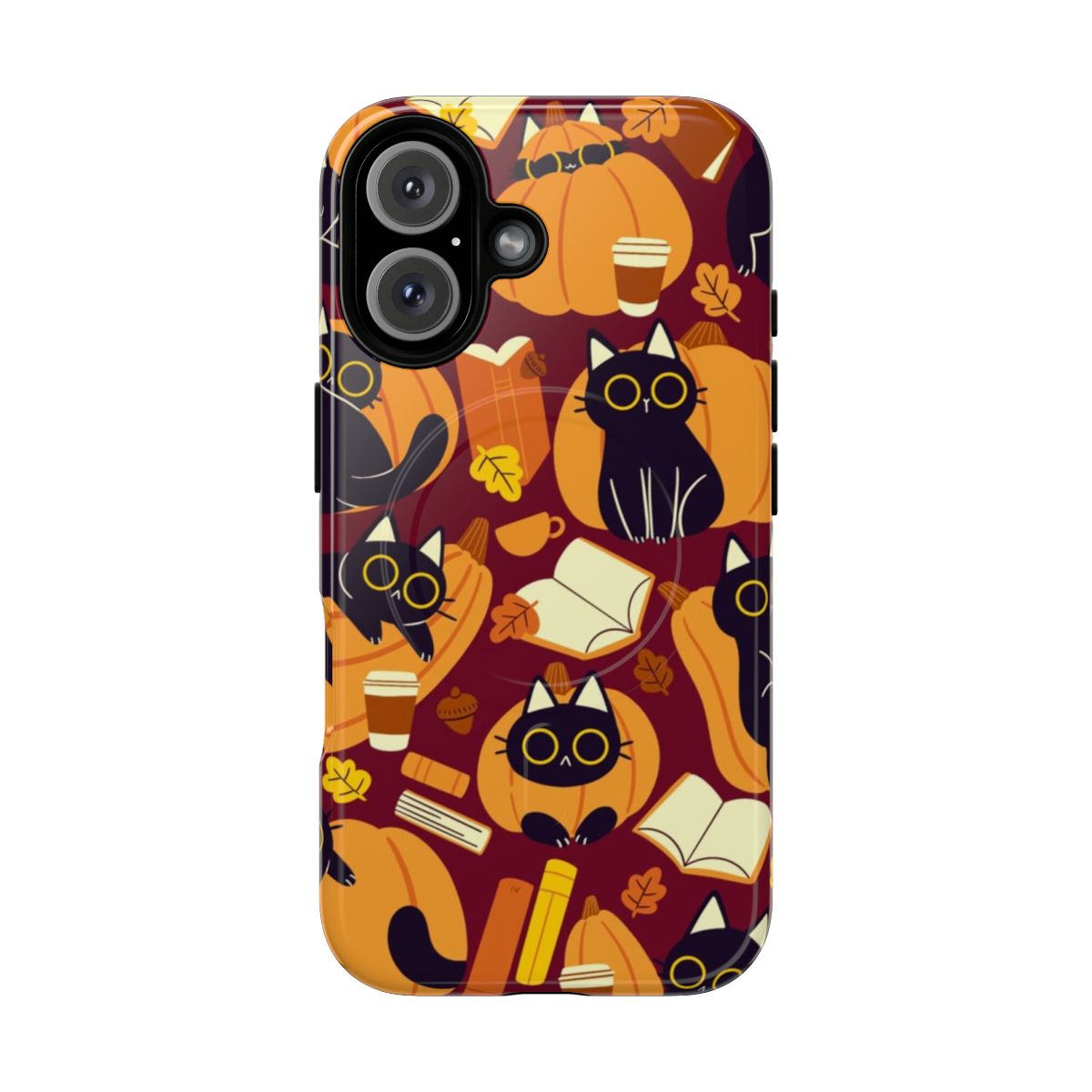 Artistic phone case featuring cats, pumpkins, and books design