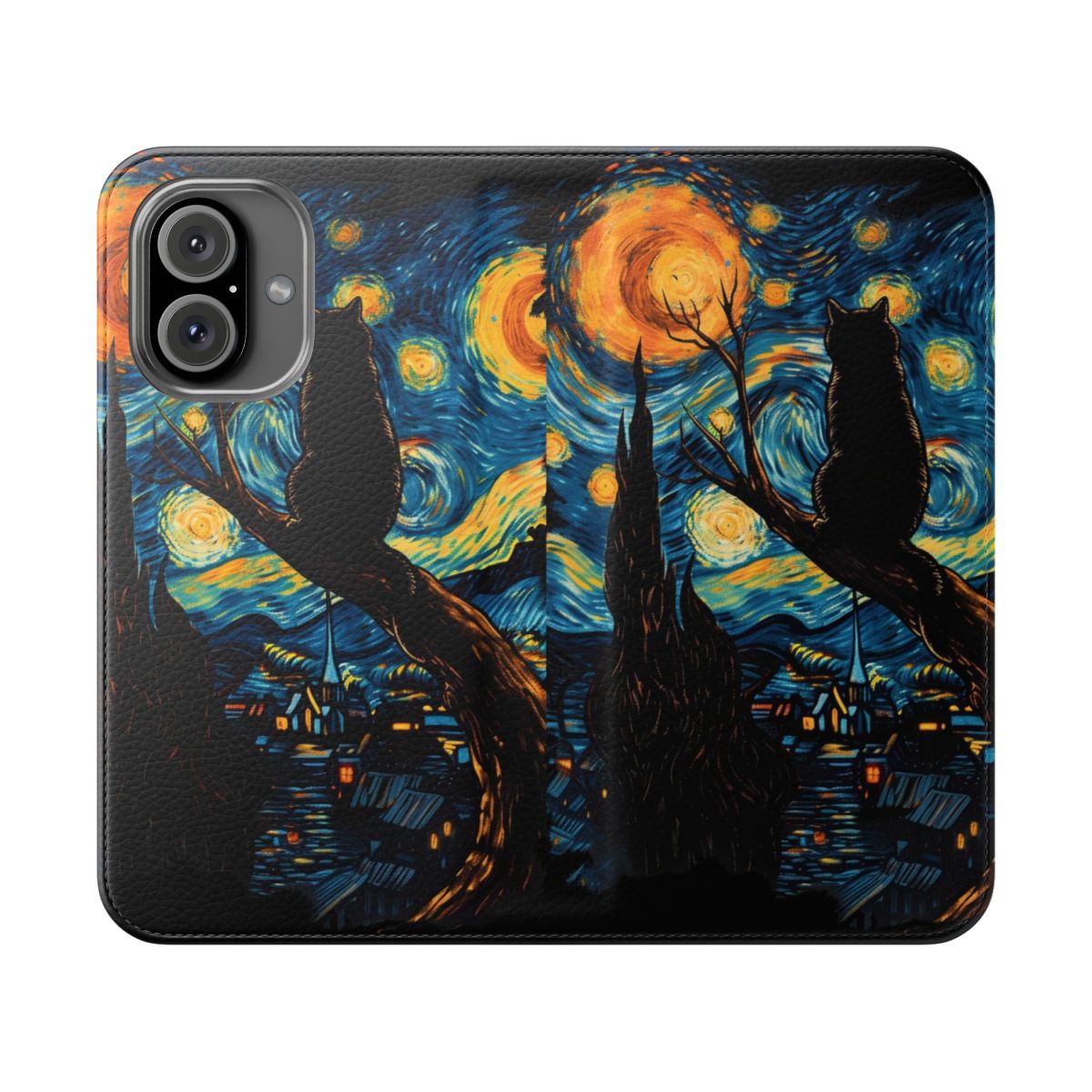 Phone case featuring a black cat silhouette against a starry night sky, inspired by the iconic painting "The Starry Night" by Vincent van Gogh.