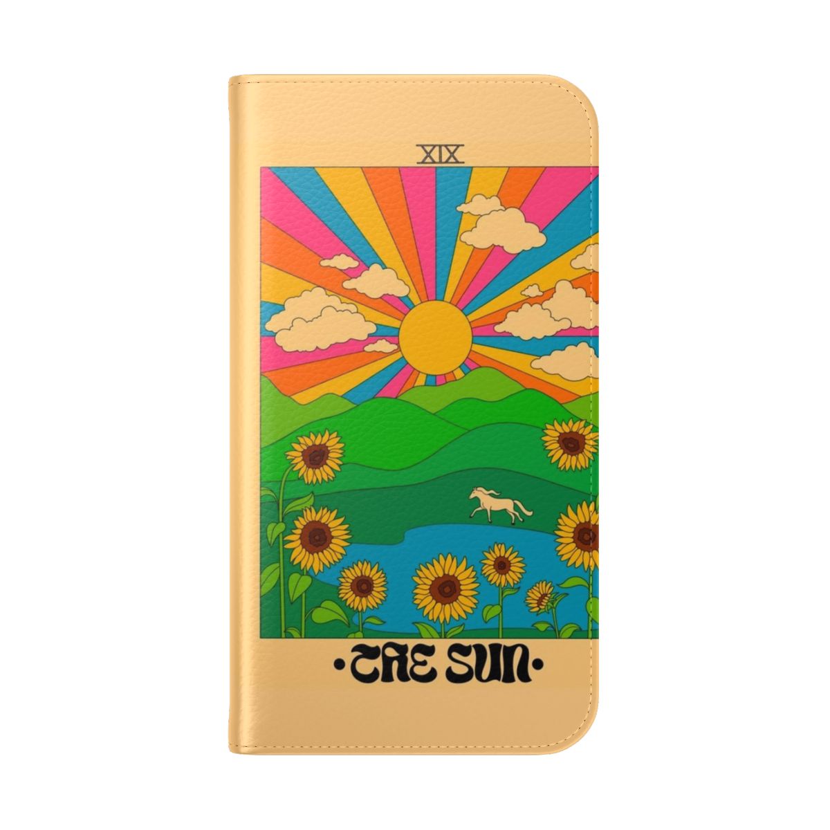 Colorful tarot-inspired flip cover phone case with sun, the fool, and other mystical symbols - Folded Back