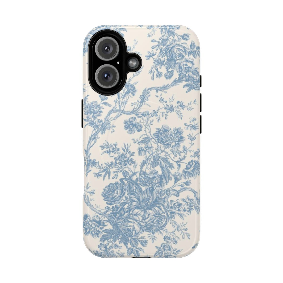 Magnetic phone case with a vintage-inspired French floral toile de jouy pattern in soft blue tones