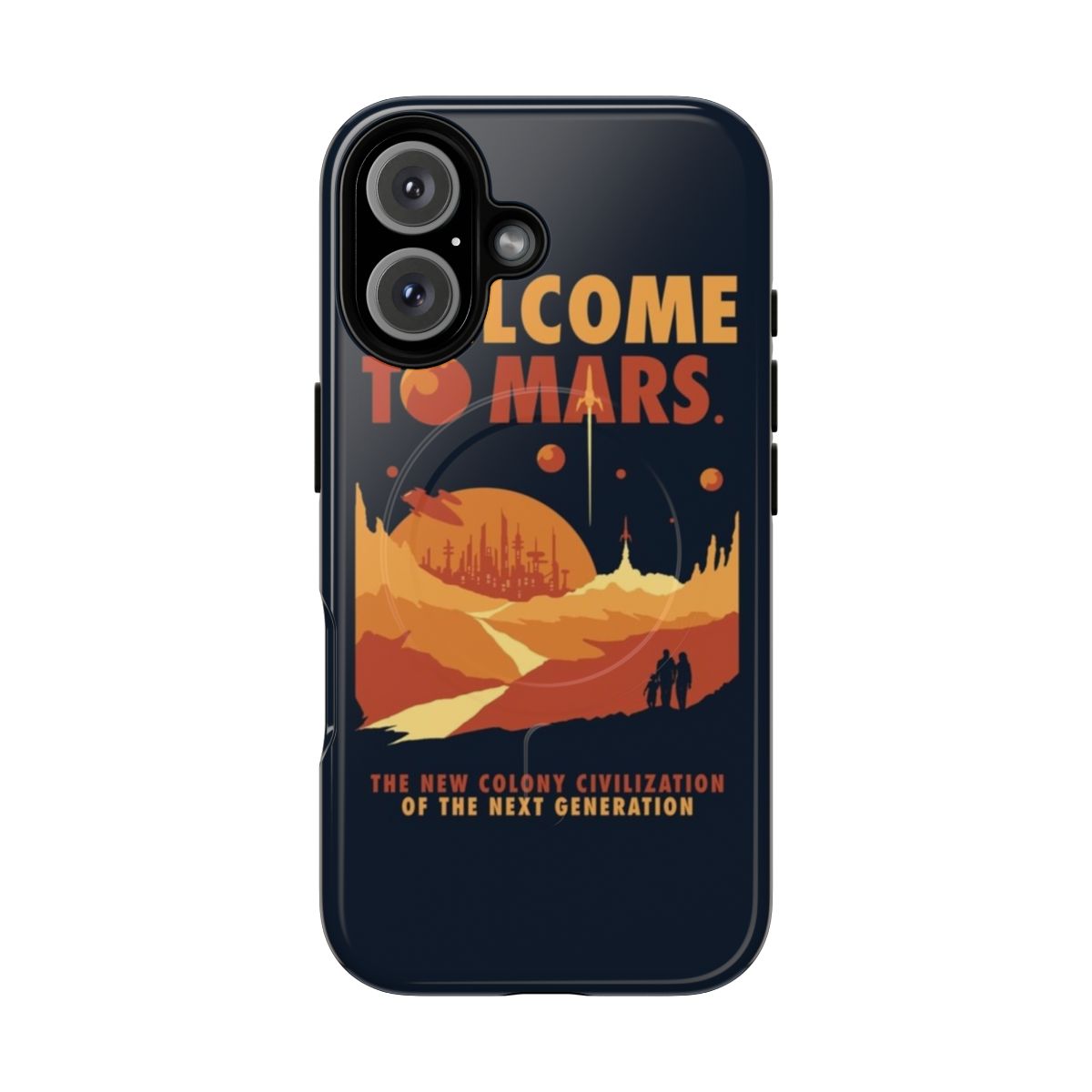 Retro magnetic phone case with a futuristic red planet design