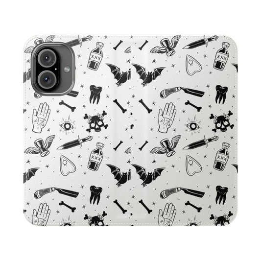 Detailed phone case featuring a macabre, gothic design with skulls, bats, and occult symbols in a dark, spooky style.