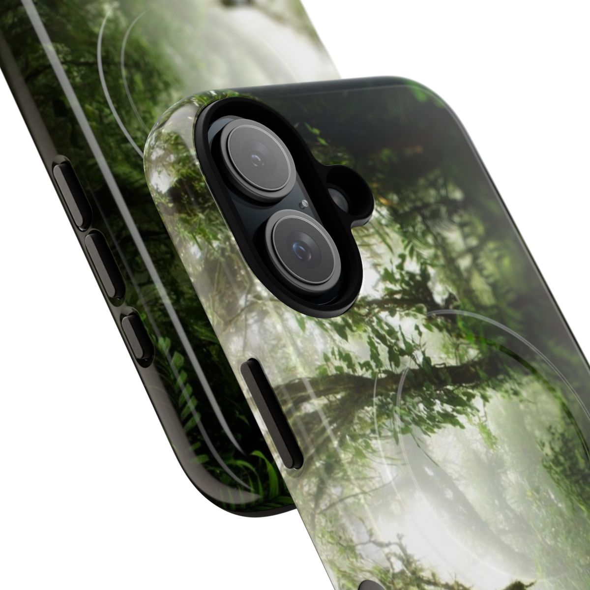 Magnetic phone case with a lush rainforest design, featuring clouds, mist, and greenery. - Detail