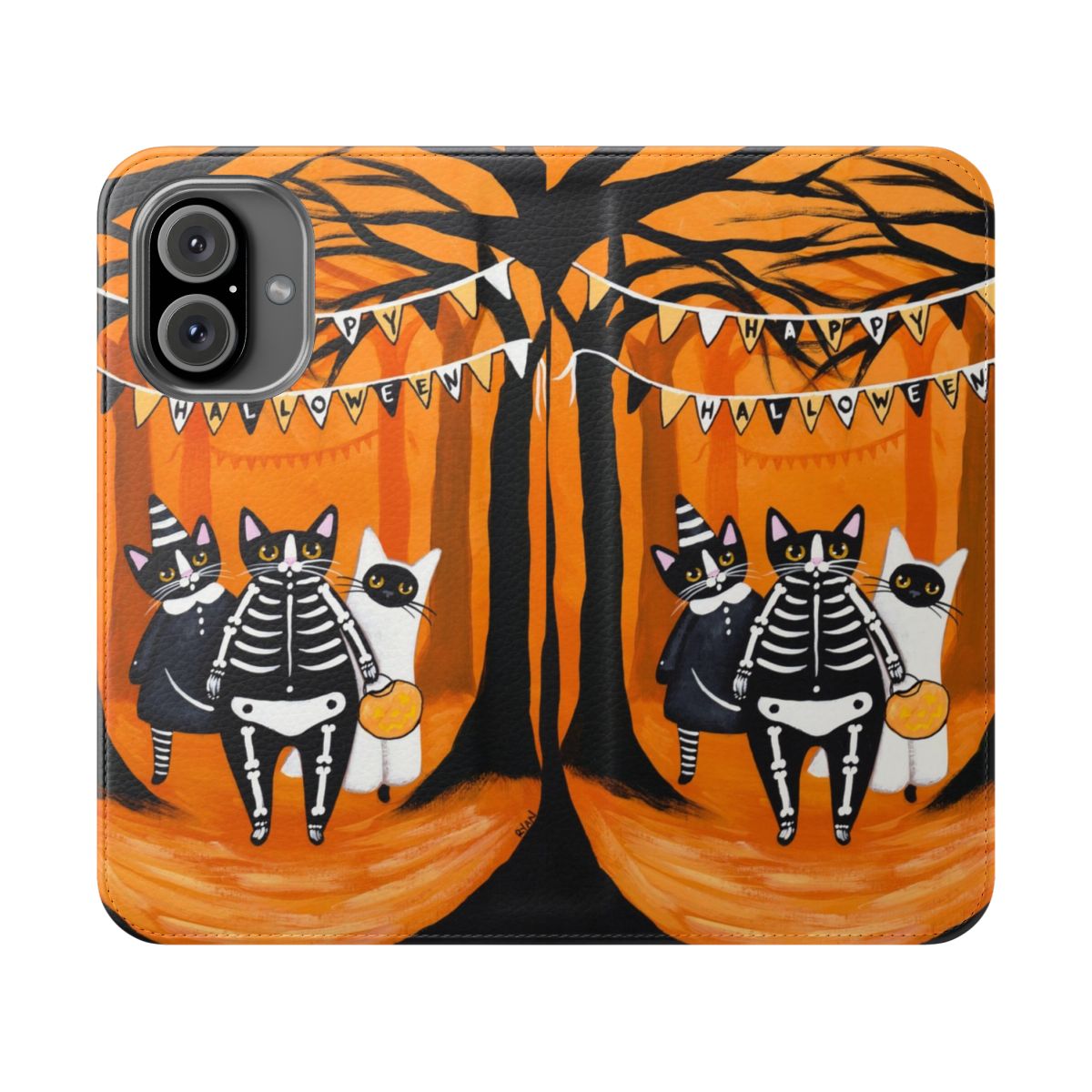 A flip phone case featuring a spooky cat design perfect for fall and Halloween.