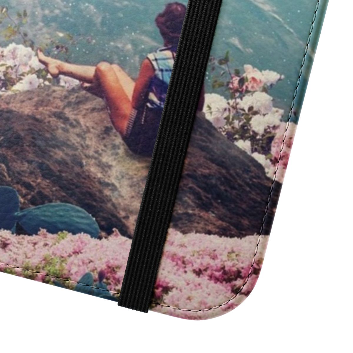 Vintage-style floral collage phone case depicting a woman among stars and planets - Close Up