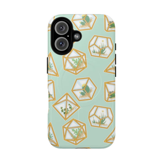 Geometric terrarium-themed phone case with magnetic closure and polyhedral dice design