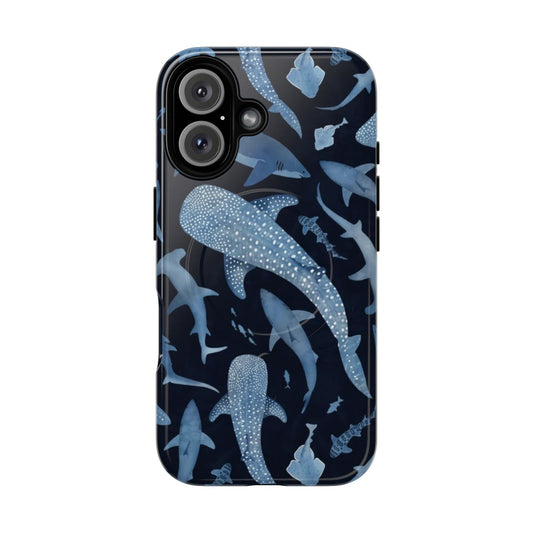 Blue watercolor shark swimming in the ocean on a black phone case