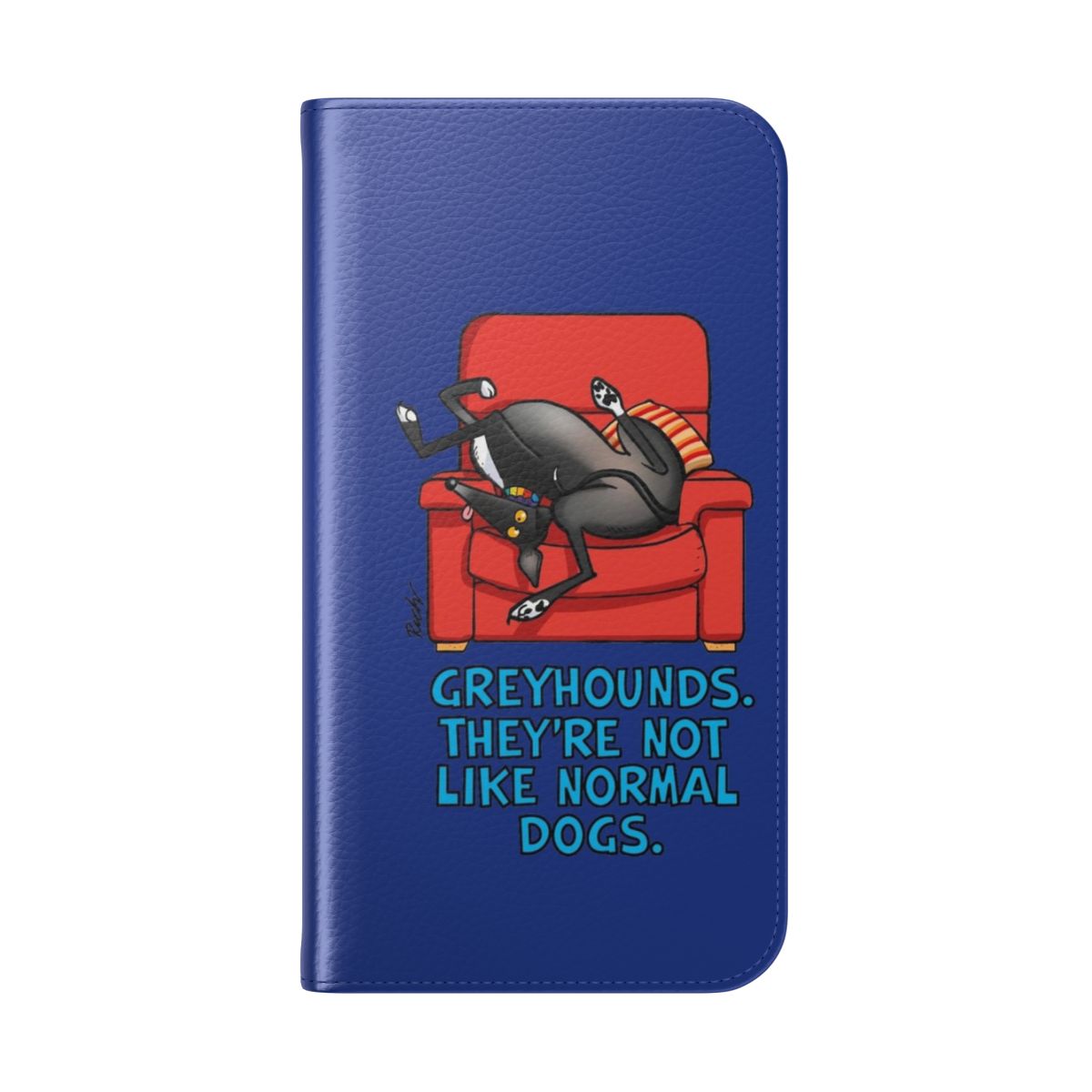 Flip cover phone case featuring a sighthound design by artist Rich Skipworth - Folded Back