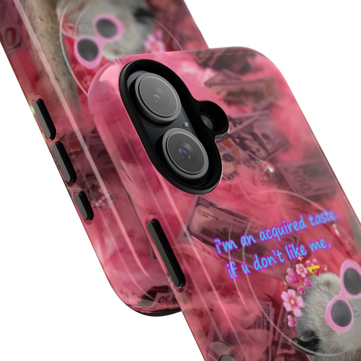 Magnetic phone case featuring a possum wearing a pink feather boa and sunglasses - Detail