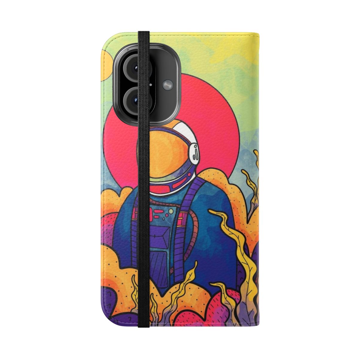 Colourful phone case with space, astronaut, and nature-inspired design - Folded Front