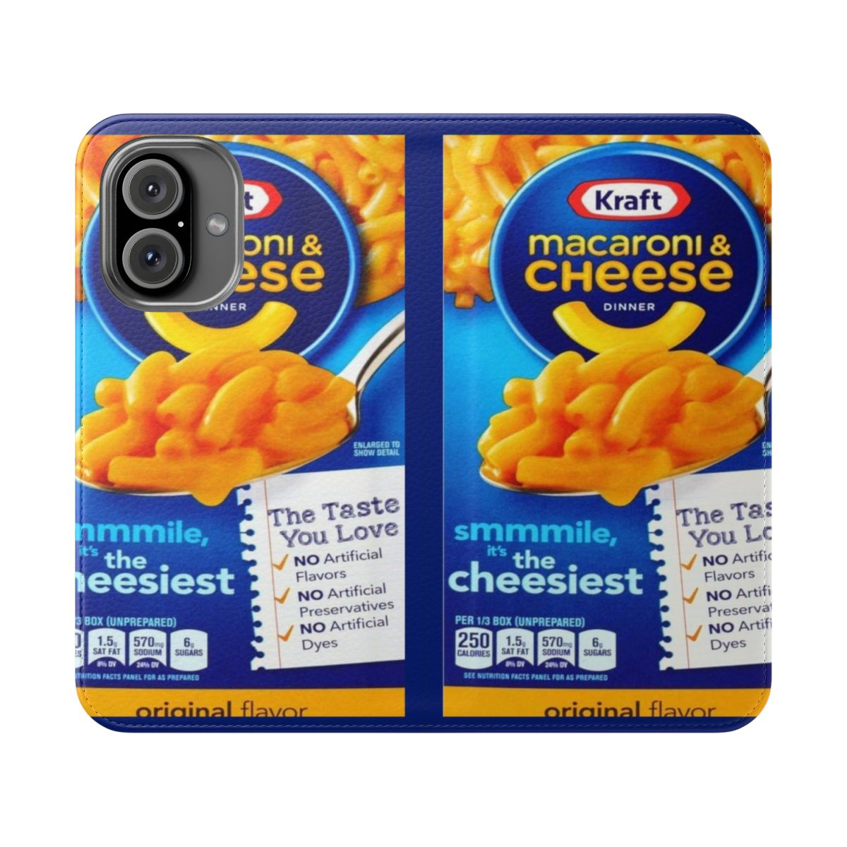 A creative flip phone case featuring a playful macaroni and cheese design