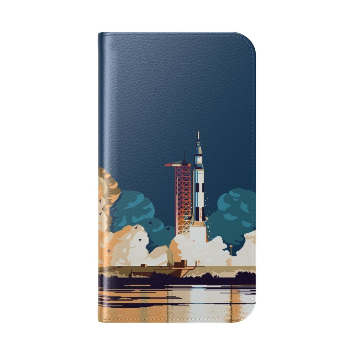 Pixel art phone case featuring an illustration of the Apollo 11 launch and spacecraft - Folded Back