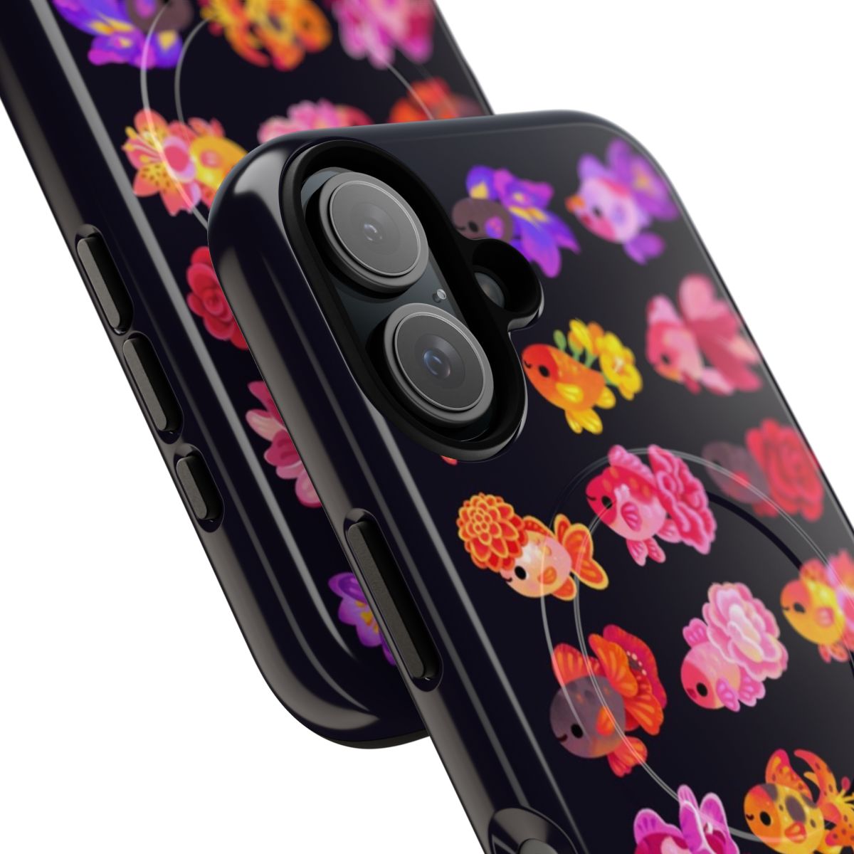 Artistic phone case featuring a colorful goldfish surrounded by flowers - Detail