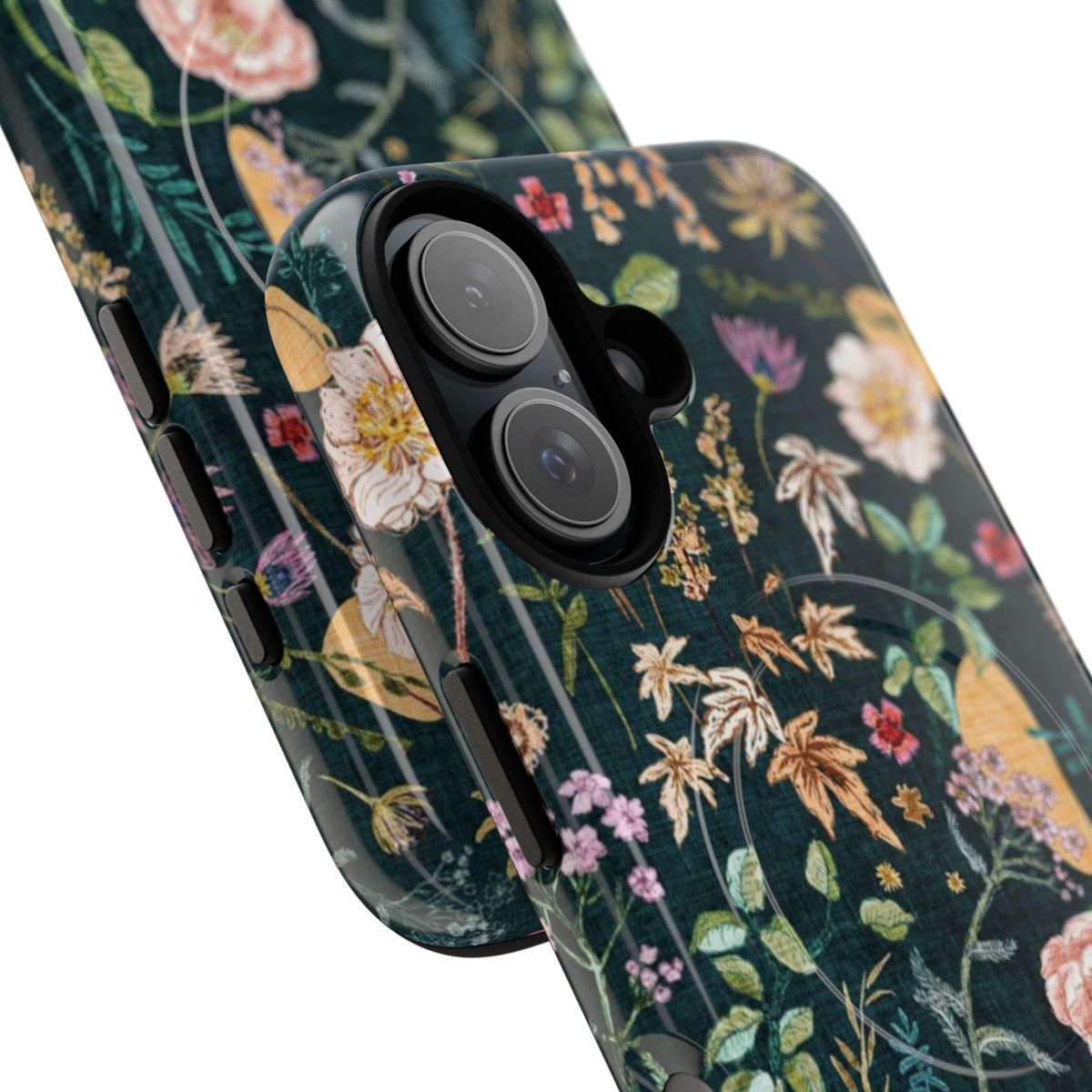 Stylish floral phone case with magnetic protection, featuring a teal and watercolor design. - Detail