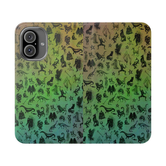 A vibrant and whimsical flip phone case featuring various mythical creatures like sasquatch, mothman, and fairies in a rainbow color palette.