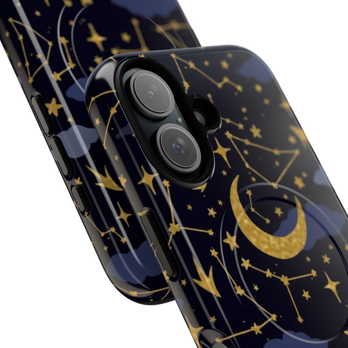 Celestial-inspired tough phone case with stars, moons, and cosmic elements in gold and dark blue - Detail