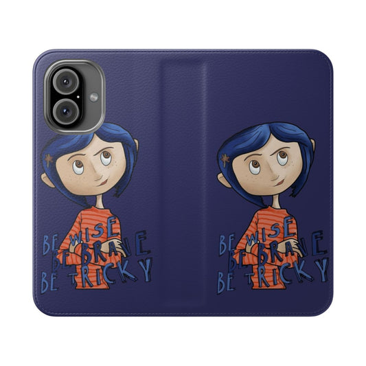 Coraline-themed flip cover phone case with movie characters and quotes