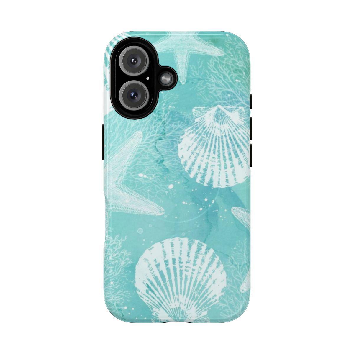 Coastal-inspired magnetic phone case with starfish, seashells, and turquoise/aqua design