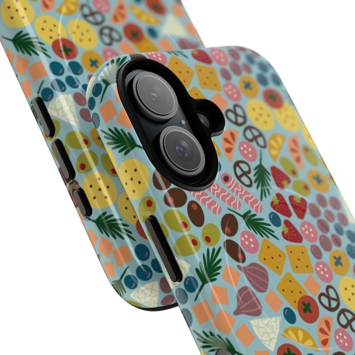 A colorful and modern phone case featuring a repeating pattern of charcuterie items, fruits, and vegetables. - Detail