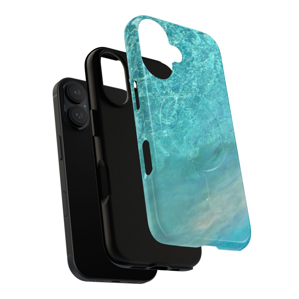 Vibrant turquoise liquid flowing in an abstract pattern on a phone case - Layers