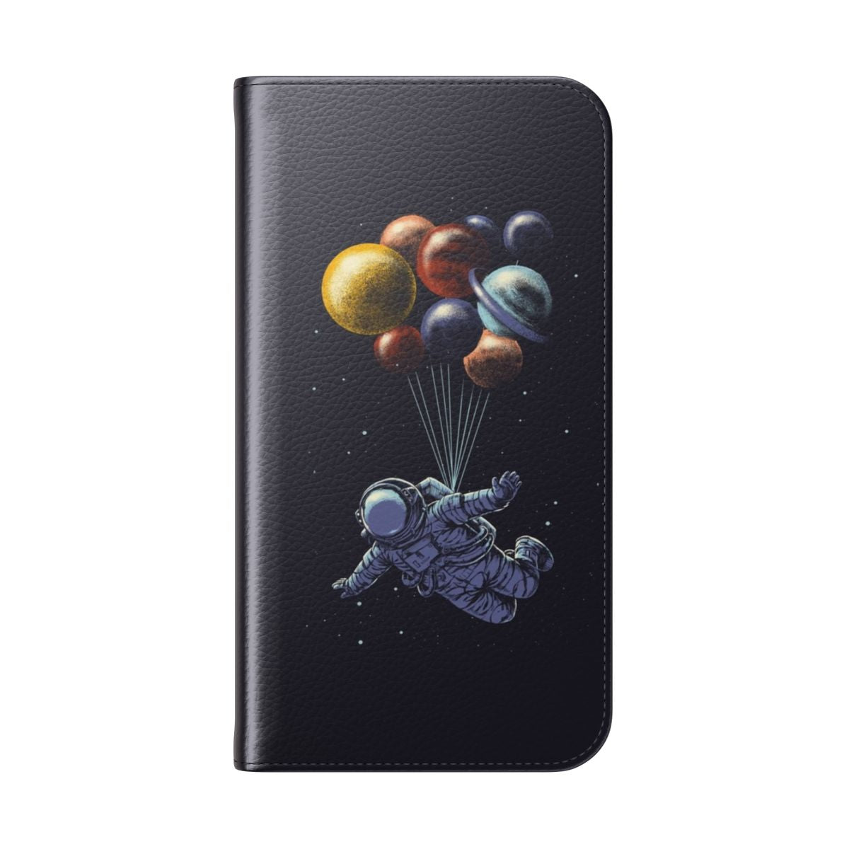 Phone case with a surreal, abstract design featuring space elements like planets, stars, and cosmic imagery. - Folded Back