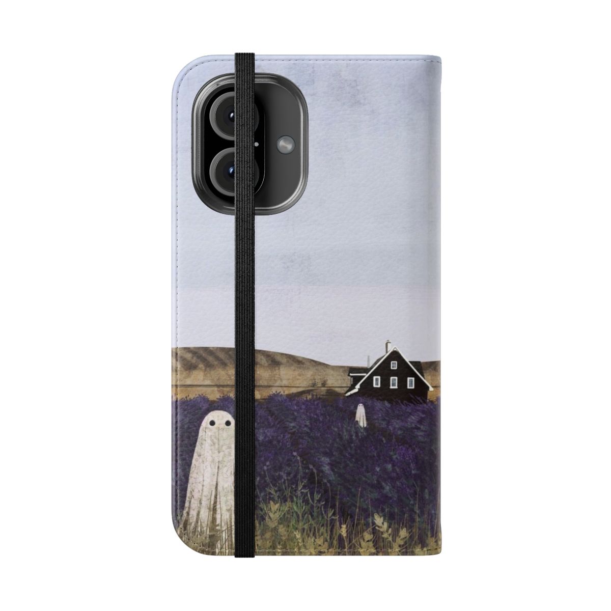 Lavender fields inspired flip cover phone case with a haunted house design - Folded Front