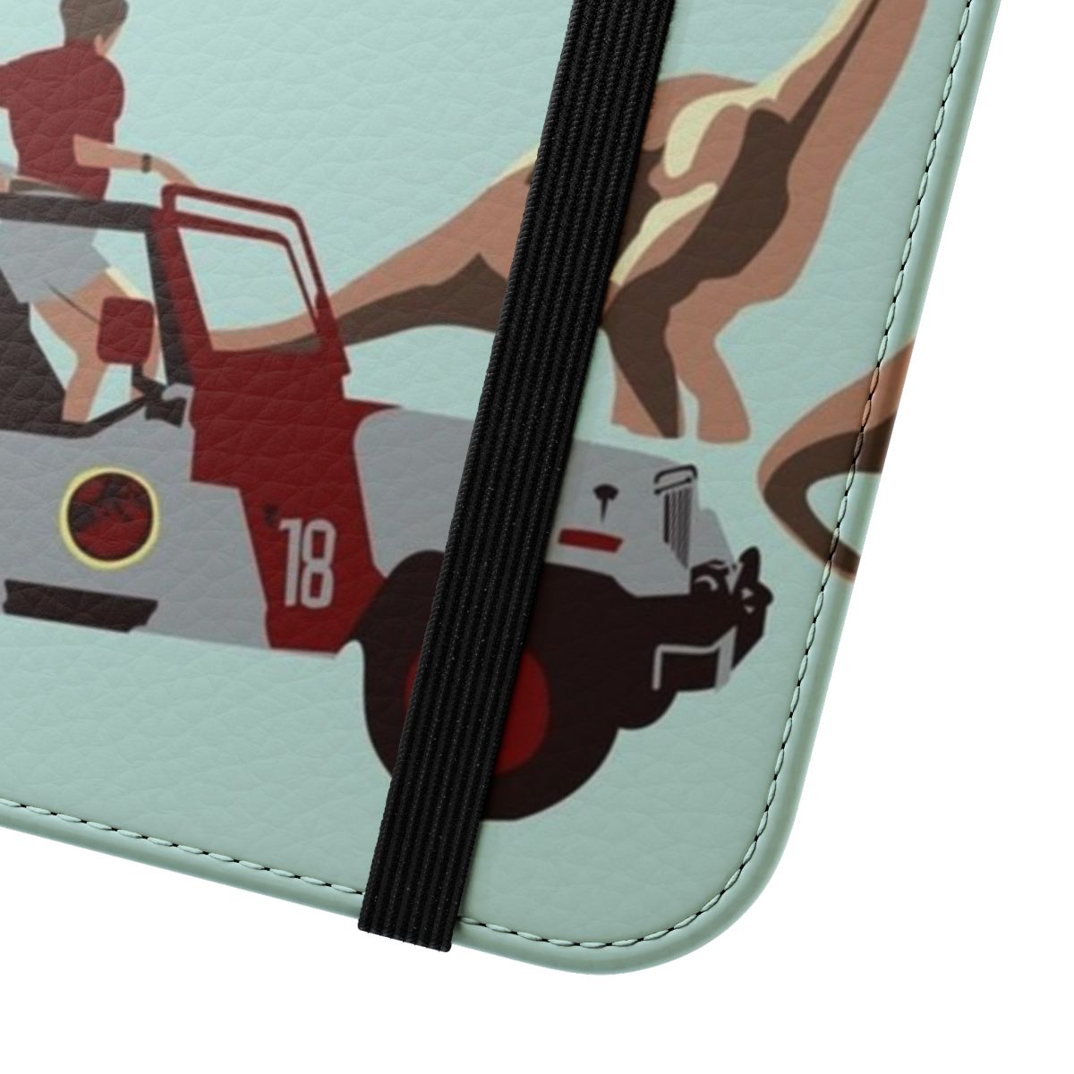 A flip phone case featuring a graphic design inspired by the Jurassic Park and Jurassic World movies, including vehicles and dinosaurs. - Close Up