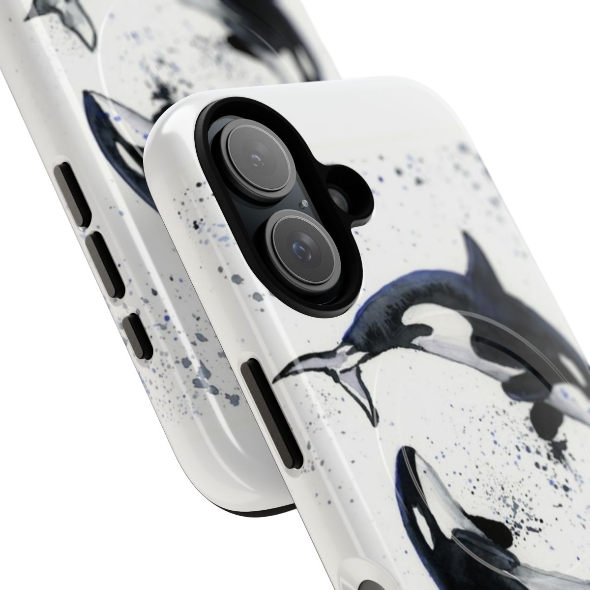 Magnetic tough phone case featuring a black and white orca whale design - Detail