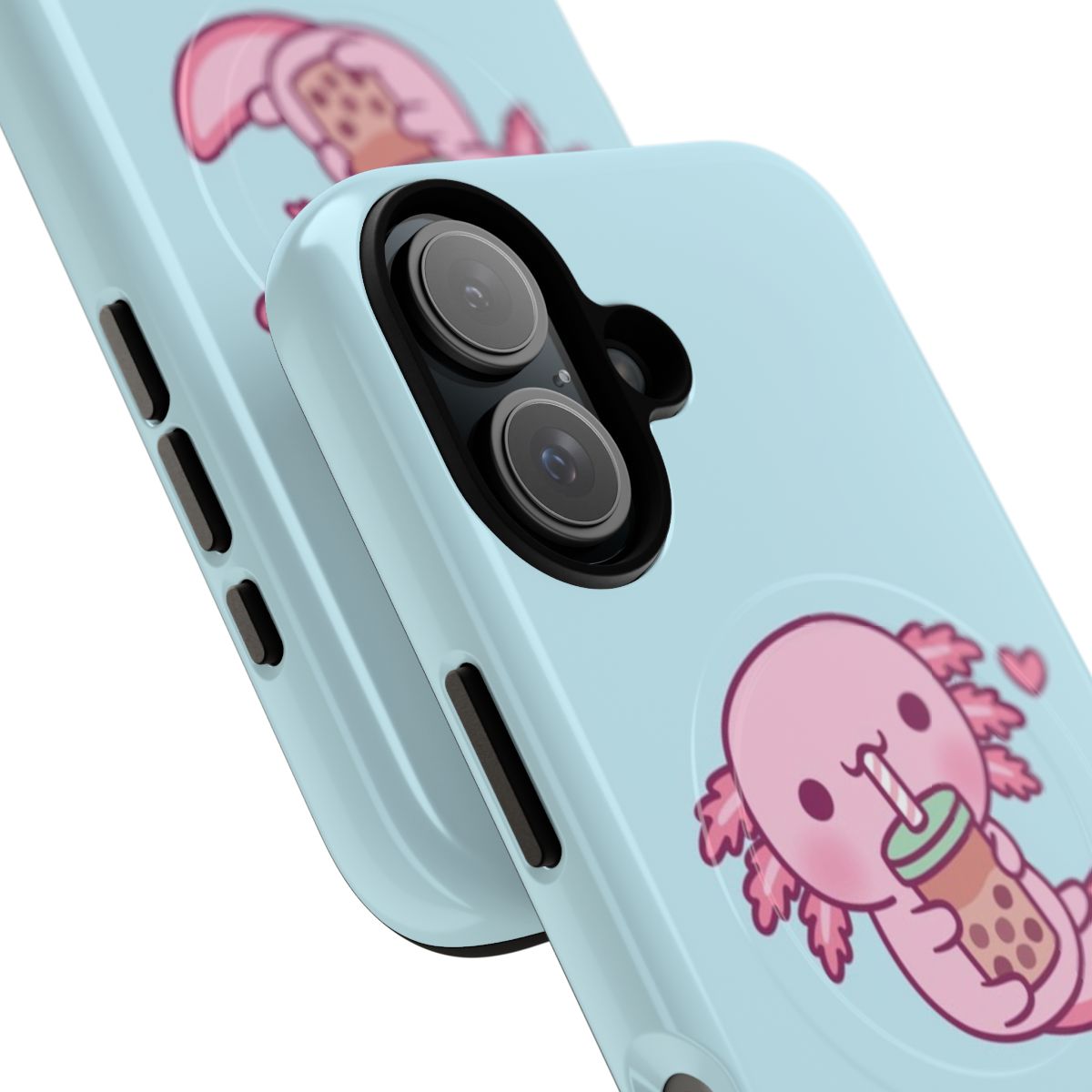 Cute illustration of an axolotl holding a bubble tea drink on a magnetic phone case. - Detail