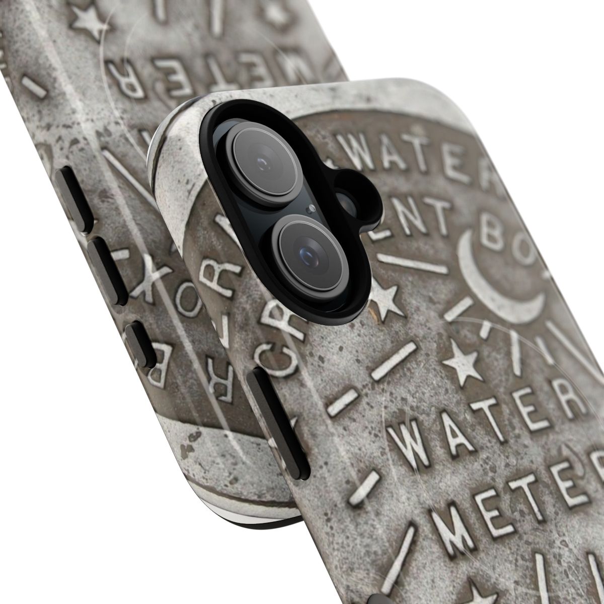 Vintage-inspired phone case featuring a metallic silver and gray water meter cover design inspired by the historic Crescent City. - Detail