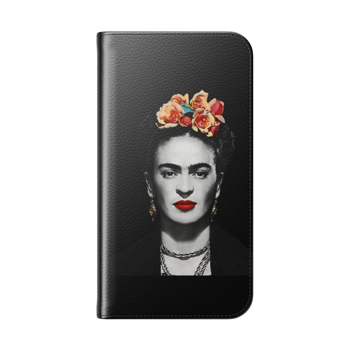 Vibrant and artistic flip cover phone case featuring a watercolor portrait of the famous Mexican artist Frida Kahlo. - Folded Back