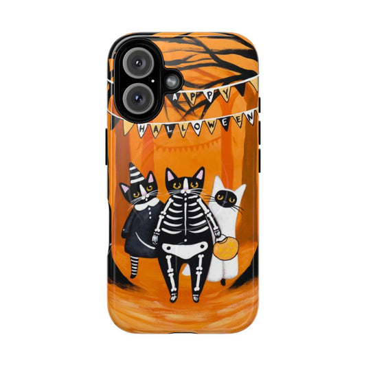 Spooky cat-themed Halloween phone cases with skeleton, ghost, and autumn forest designs