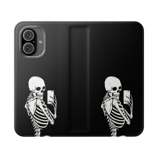 Skeleton-themed flip phone case with skull and bone design