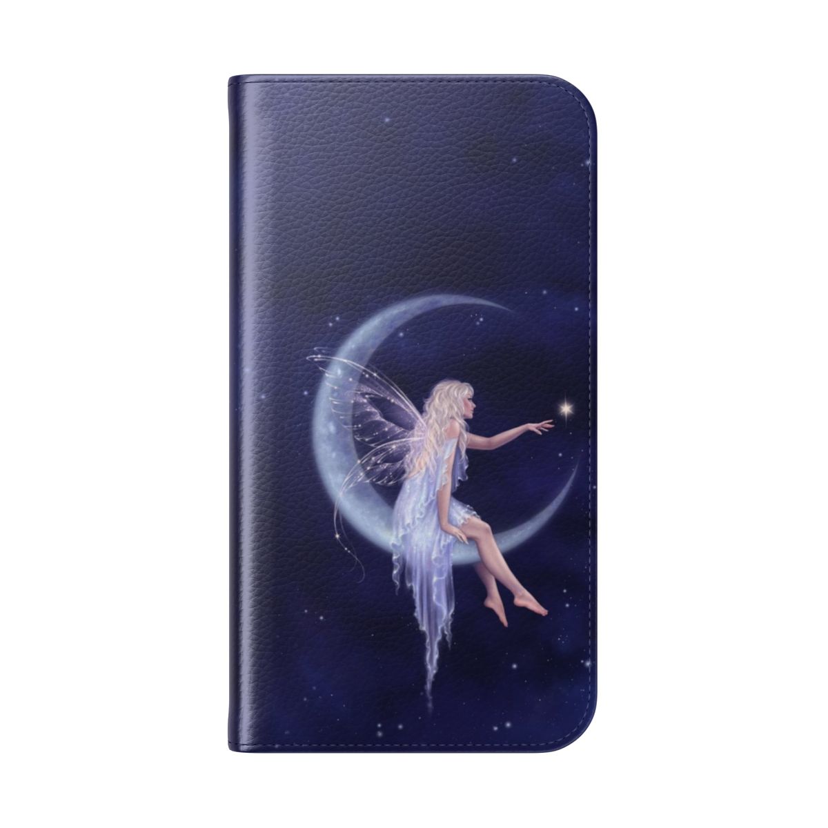 Whimsical fairy phone case featuring a crescent moon and stars against a dark blue background - Folded Back