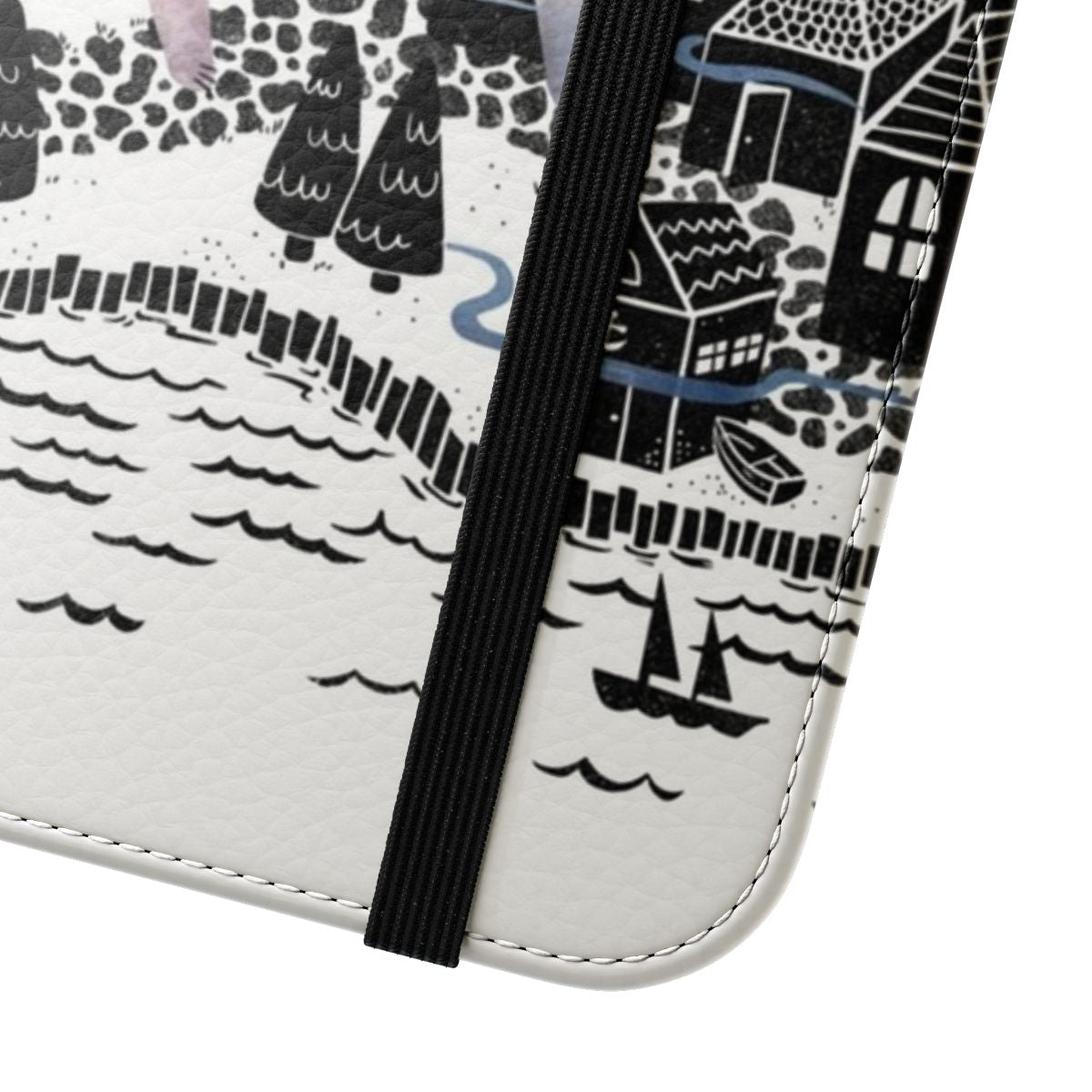 A moody and mystical flip cover phone case featuring a watercolor landscape of a foggy town. - Close Up