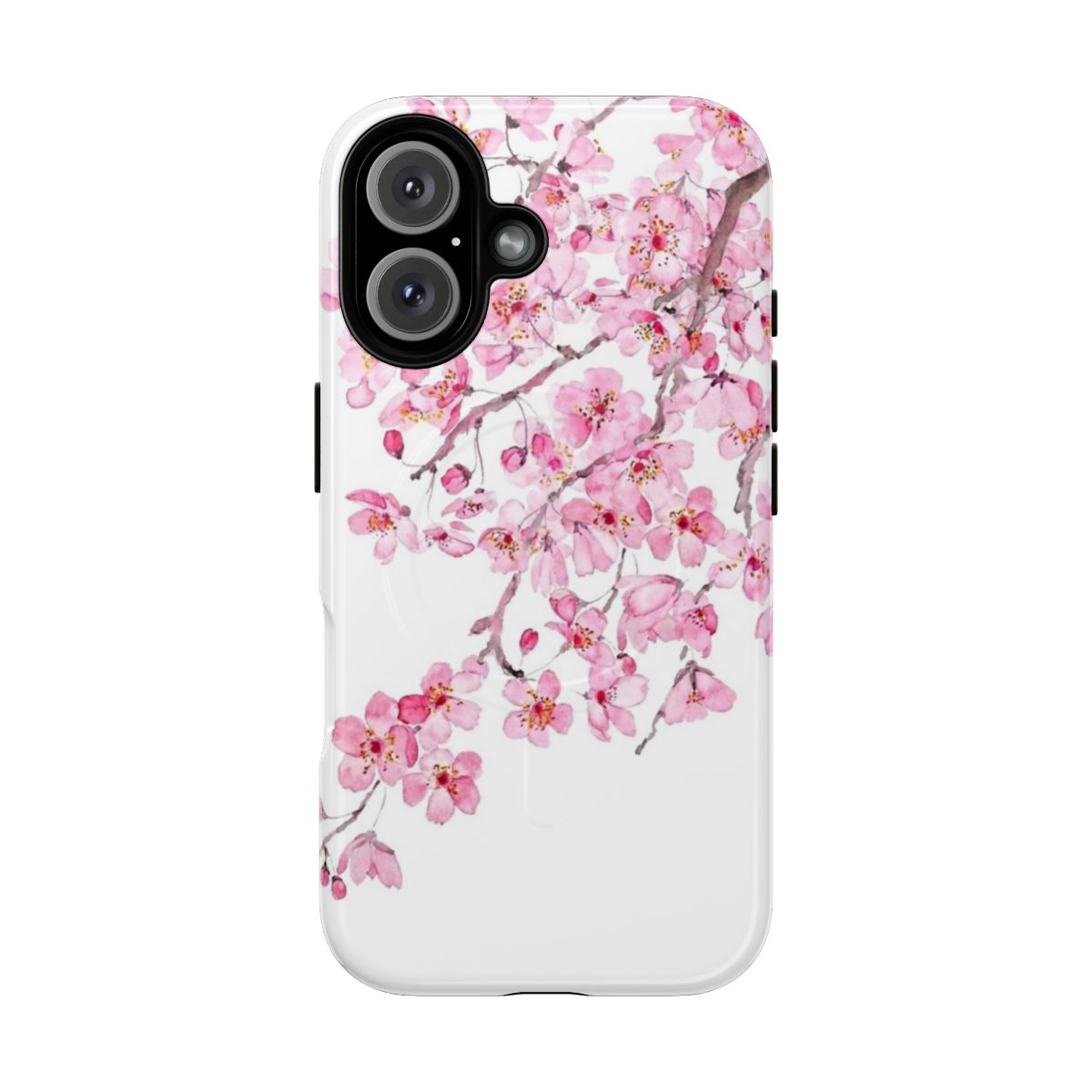 Elegant hand-painted pink cherry blossom watercolor design on a phone case.