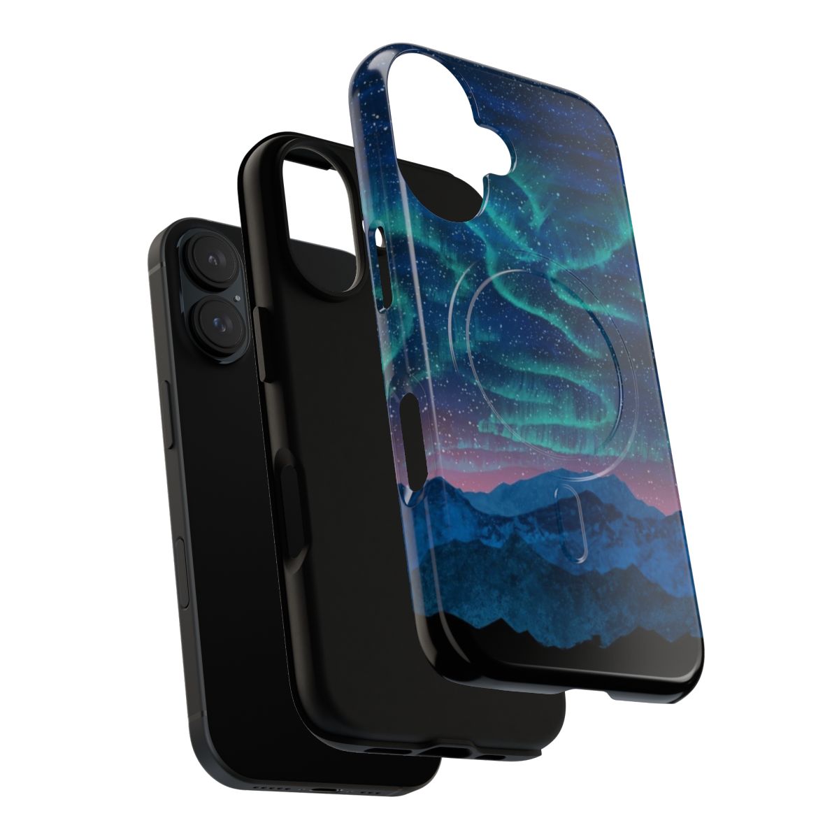 Aurora borealis night sky over snowy mountains, featuring a scenic landscape phone case design. - Layers