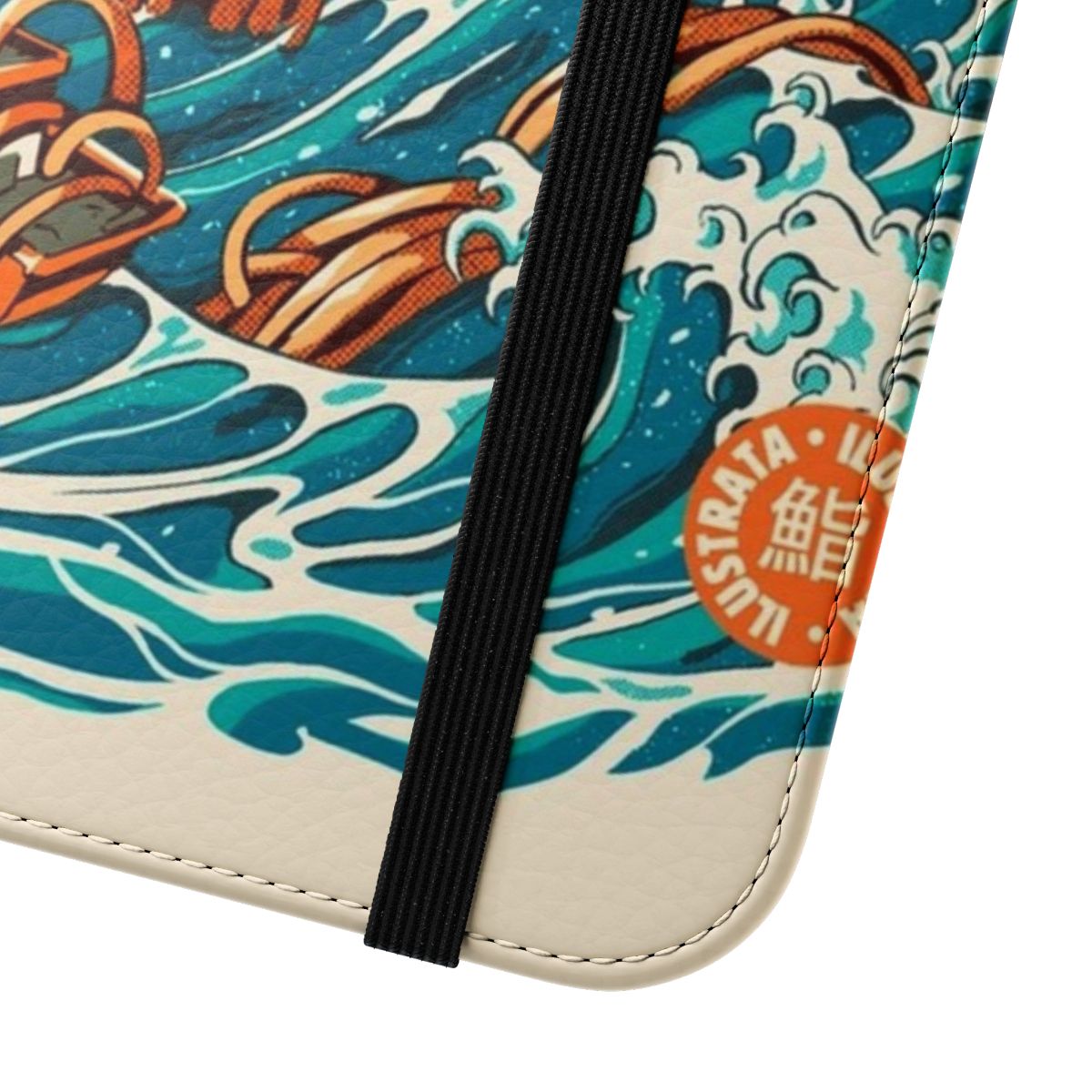 Flip cover phone case featuring a ramen dragon inspired by the famous Japanese art of Hokusai's "The Great Wave off Kanagawa" - Close Up