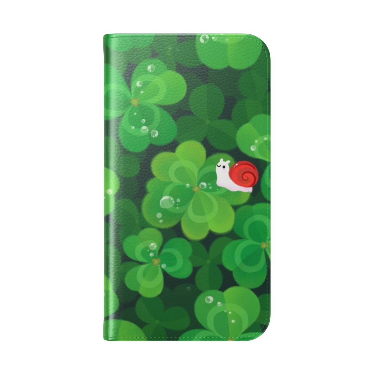 Flip cover phone case featuring a happy, smiling snail surrounded by 4-leaf clovers and other whimsical nature elements - Folded Back