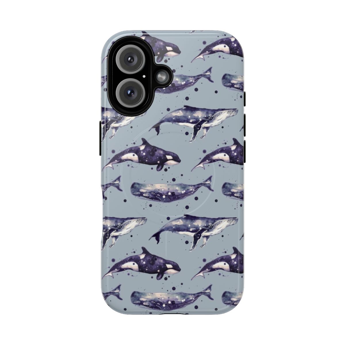 Watercolor whales in shades of blue on a grey background in a tough magnetic phone case