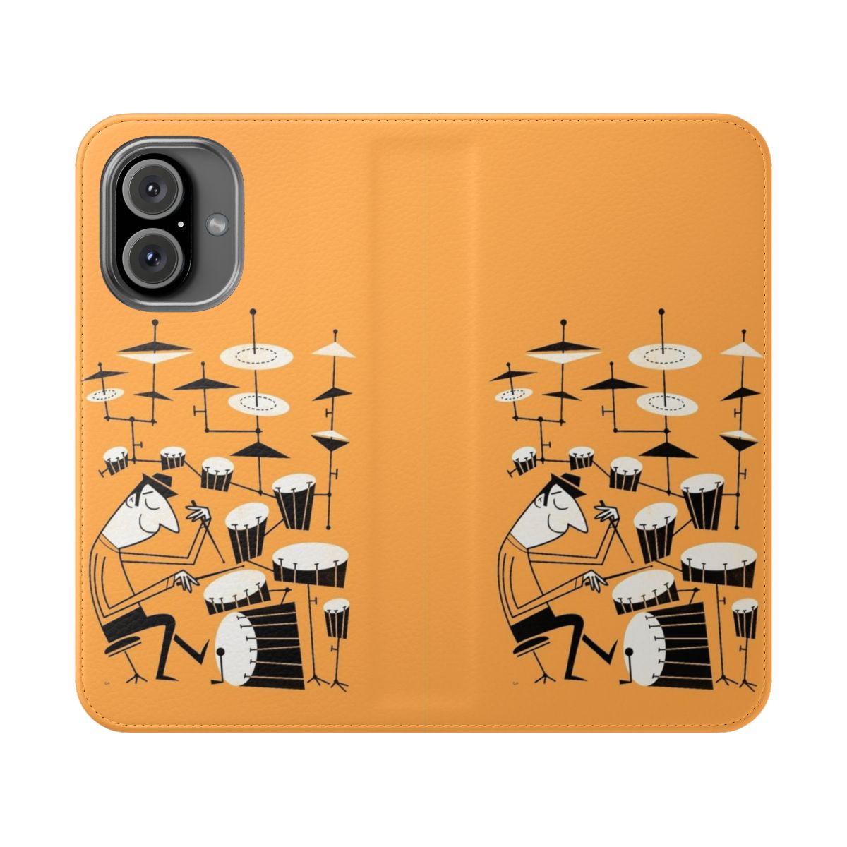 Retro-style phone case featuring a funky graphic design with a drummer and the text "Play that beat"