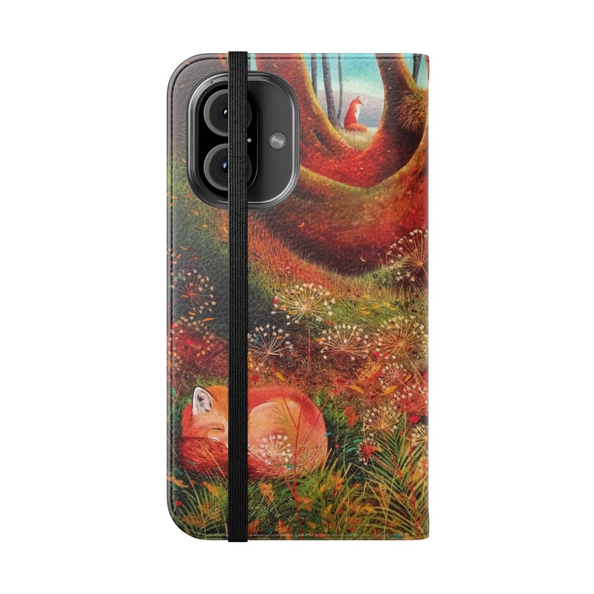 A vibrant, close-up photograph of a sleeping red fox in a natural woodland setting, perfect for a phone case. - Folded Front